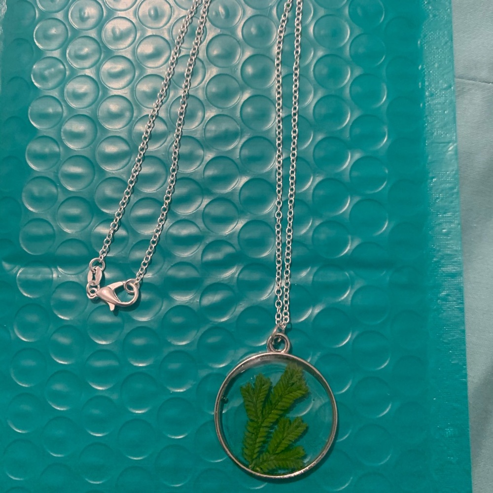 Silver necklace with greenery Pressed Flower
